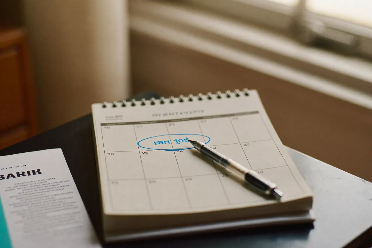A wall calendar with a window survey date circled in pen