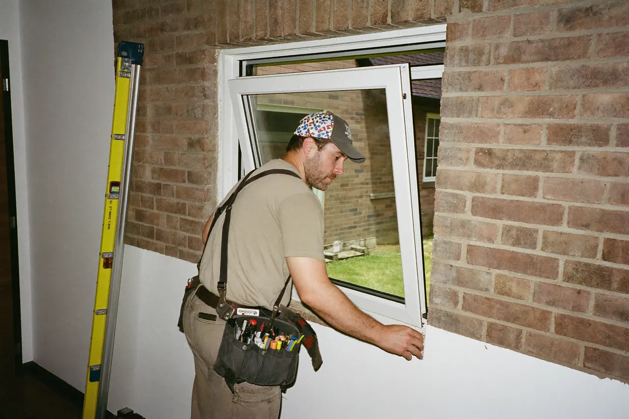 A fitter installing a new window frame on a home in fair weather