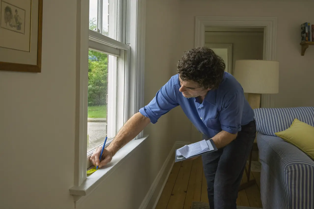 An installer checking a window opening and access during a home survey